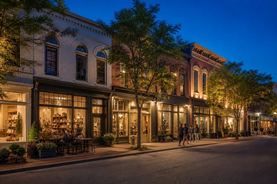 A thriving local business district at blue hour