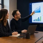A business owner and strategist reviewing website growth and lead performance