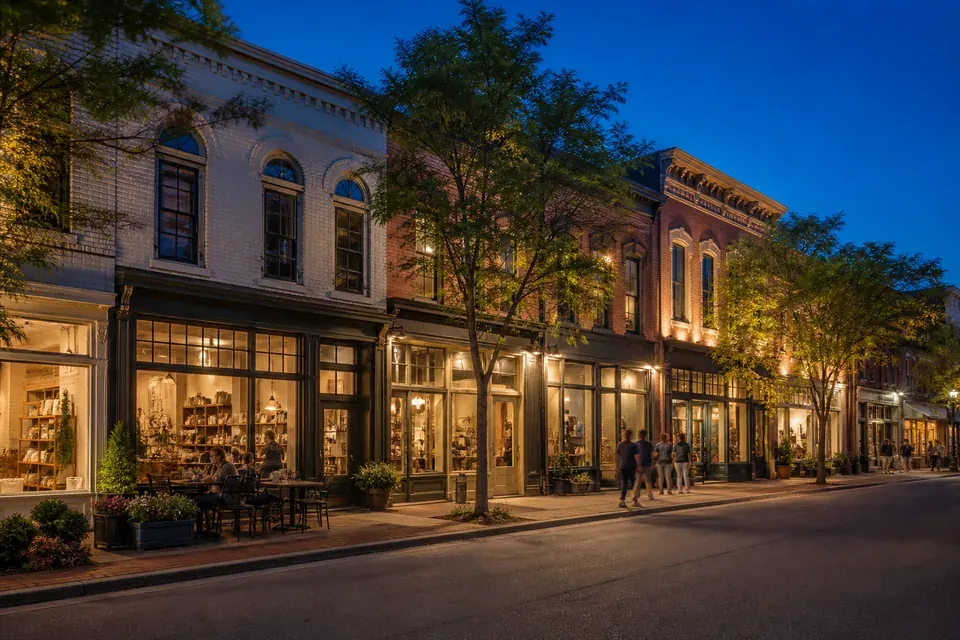 A thriving local business district at blue hour