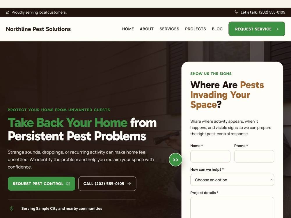Northline Pest Solutions homepage design preview